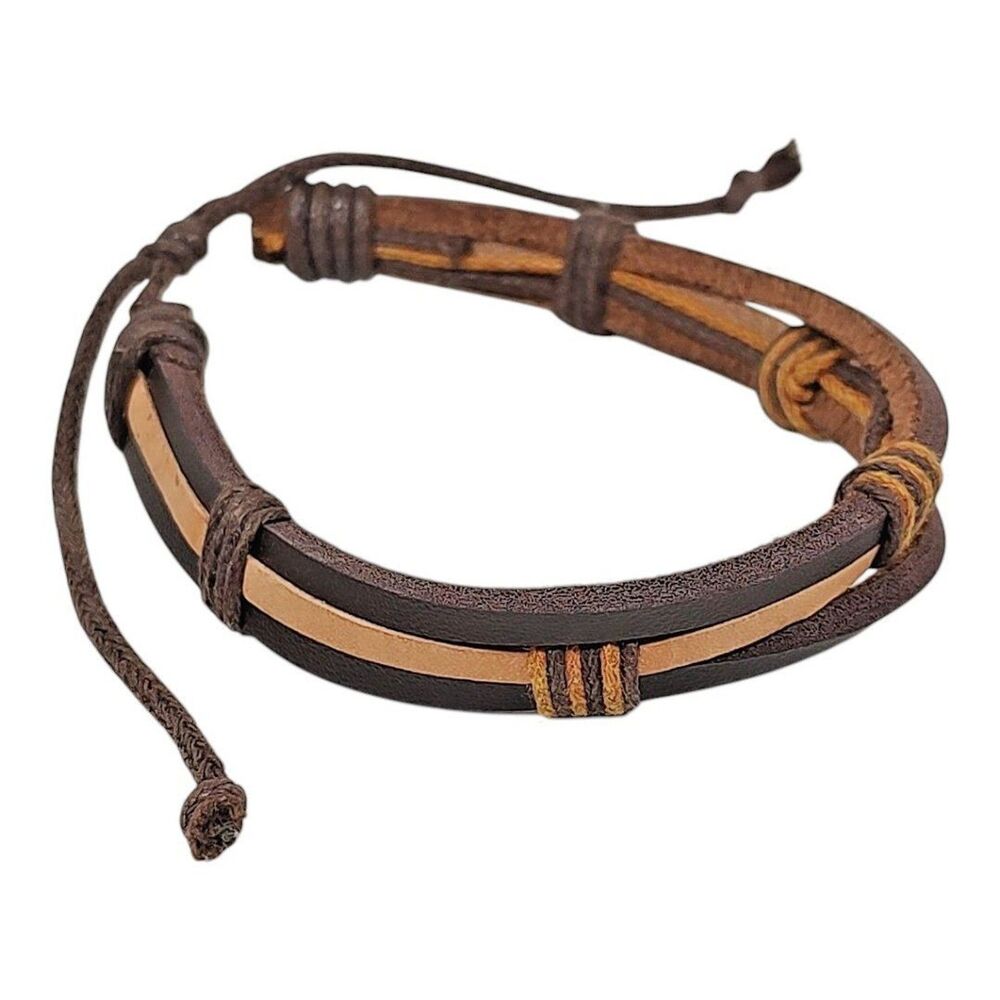 Faux Leather Slider Bracelet 3 Strands Dark Brown Beige Cowboy Cowgirl 7" - 10"